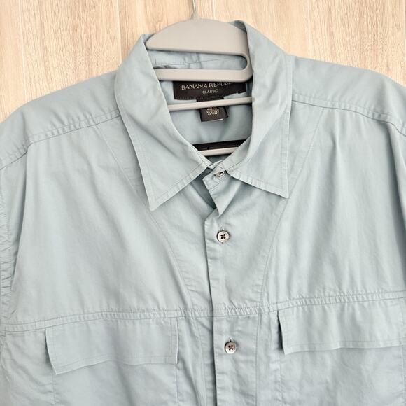Banana Republic Shirt Men Large Blue Cotton Flap Pockets Short Sleeve Preppy - Picture 4 of 11